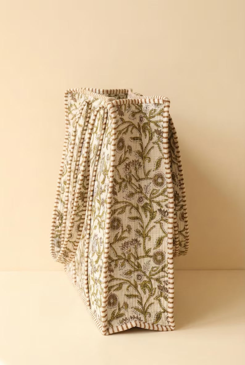 Green Floral Quilted Tote