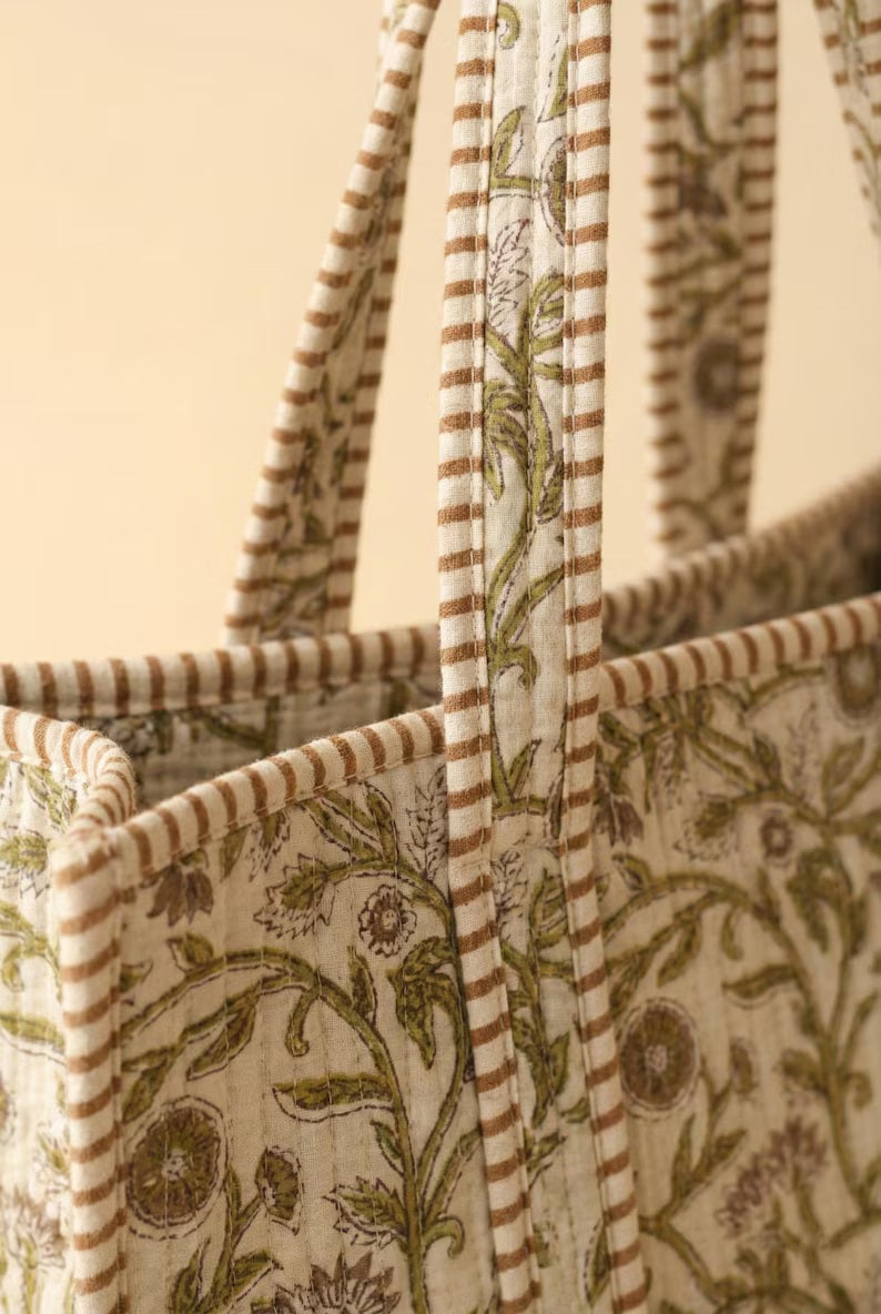 Green Floral Quilted Tote