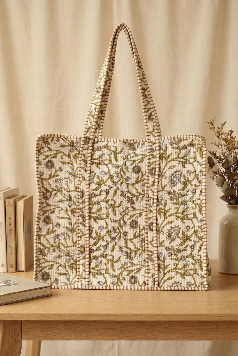Green Floral Quilted Tote
