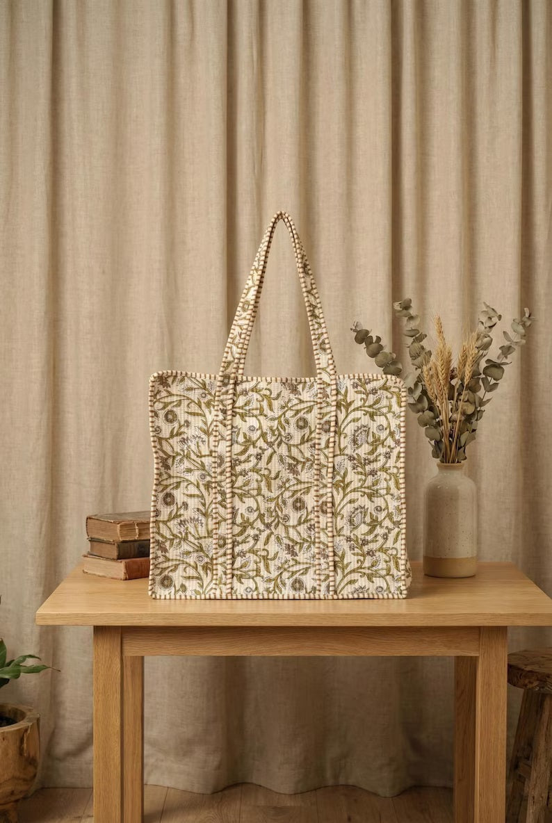 Green Floral Quilted Tote