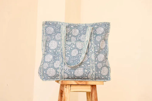 Blue Floral Quilted Cotton Tote