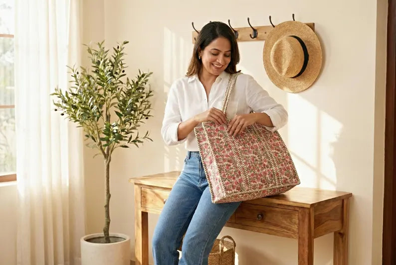 Floral Quilted Cotton Tote – Green Trim