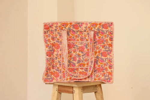 Boho Pink & Orange Floral Quilted Tote