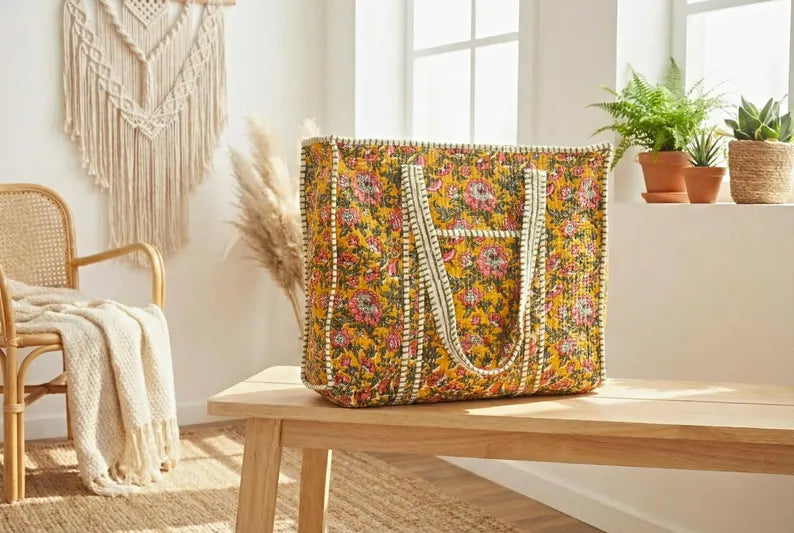 Mustard Floral Cotton Tote