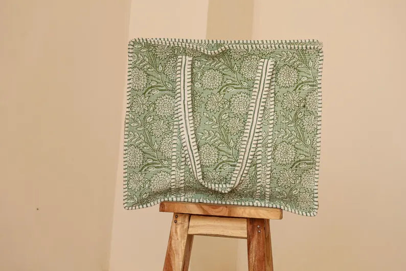 Sage Green Floral Cotton Tote