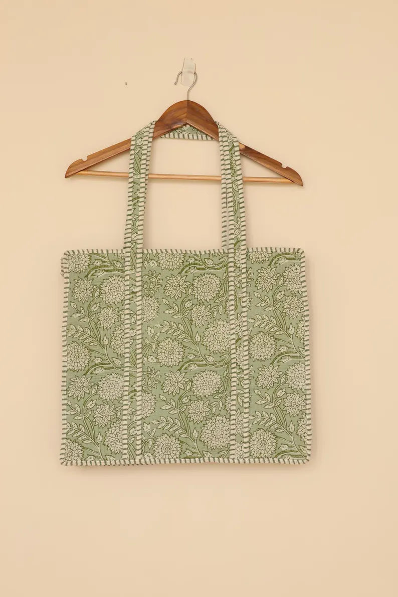 Sage Green Floral Cotton Tote