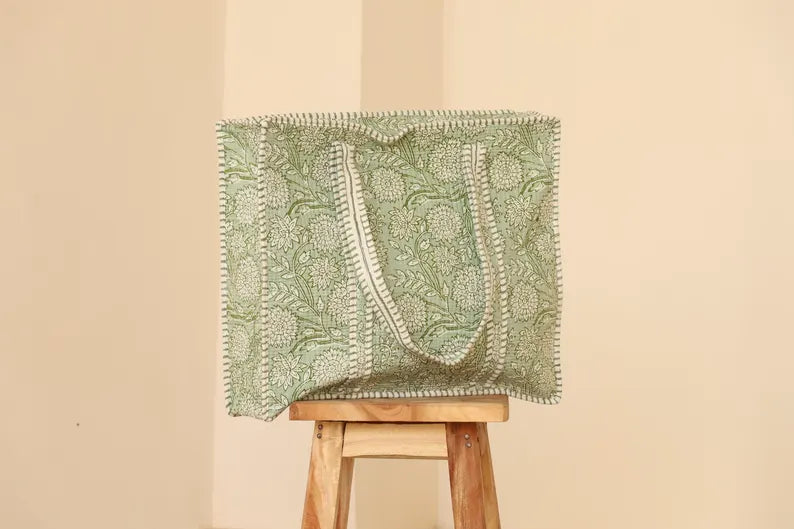 Sage Green Floral Cotton Tote