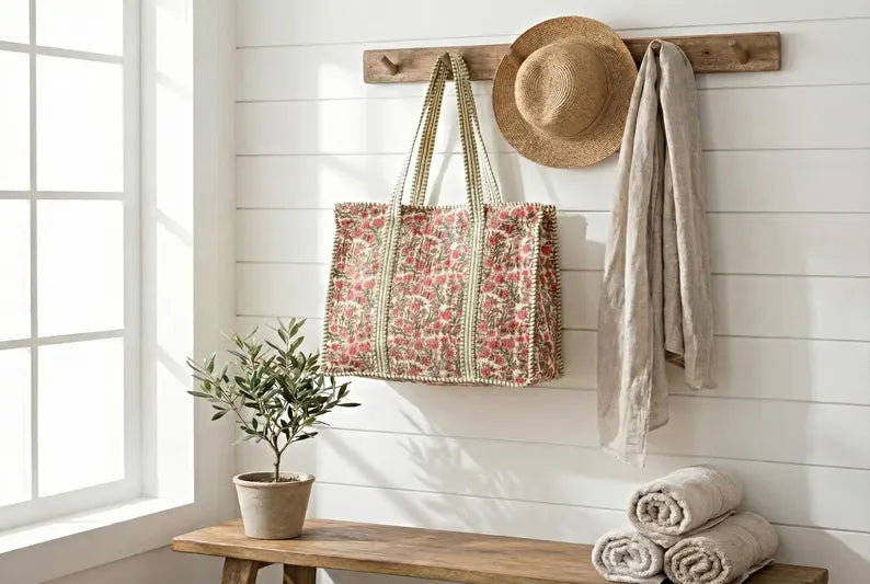 Floral Quilted Cotton Tote – Green Trim