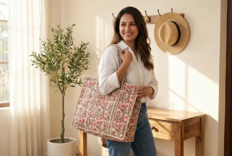 Floral Quilted Cotton Tote – Green Trim